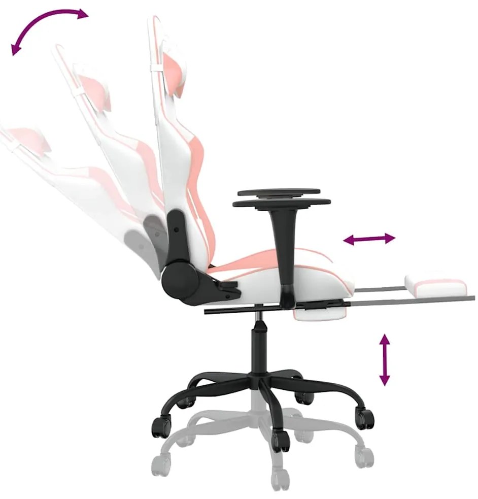 Cadeira gaming massagens c/ apoio pés couro artif. branco/rosa