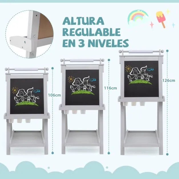 Cavalete de arte dobrável de dupla face 3 em 1 para crianças + 3 anos com quadro negro e rolo de papel substituível 3 copos bandejas Cinzento