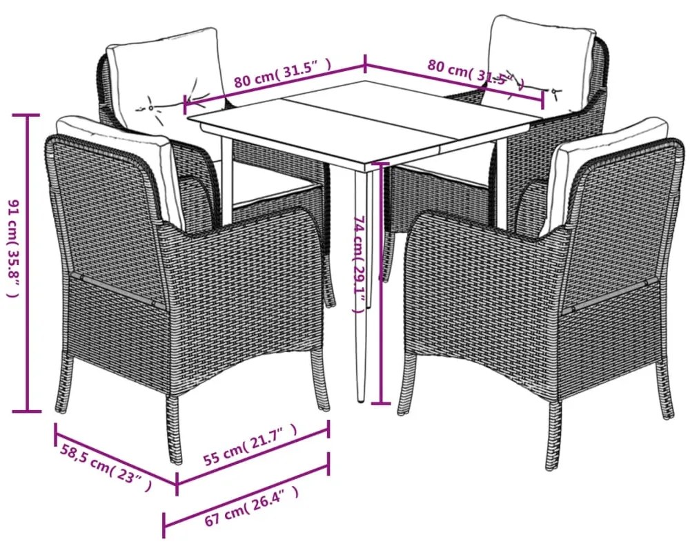 5 pcs conjunto de jantar p/ jardim c/ almofadões vime PE cinza