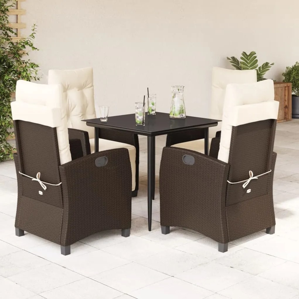 vidaXL 5 pcs conjunto jantar p/ jardim c/ almofadões vime PE castanho