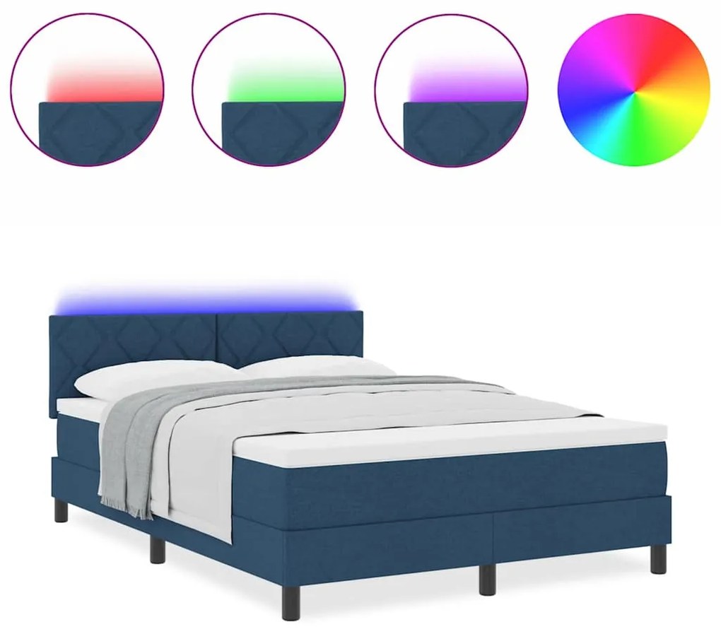 Cama Box Spring com Colchão &amp; Luz LED Azul 140x200 cm Tecido