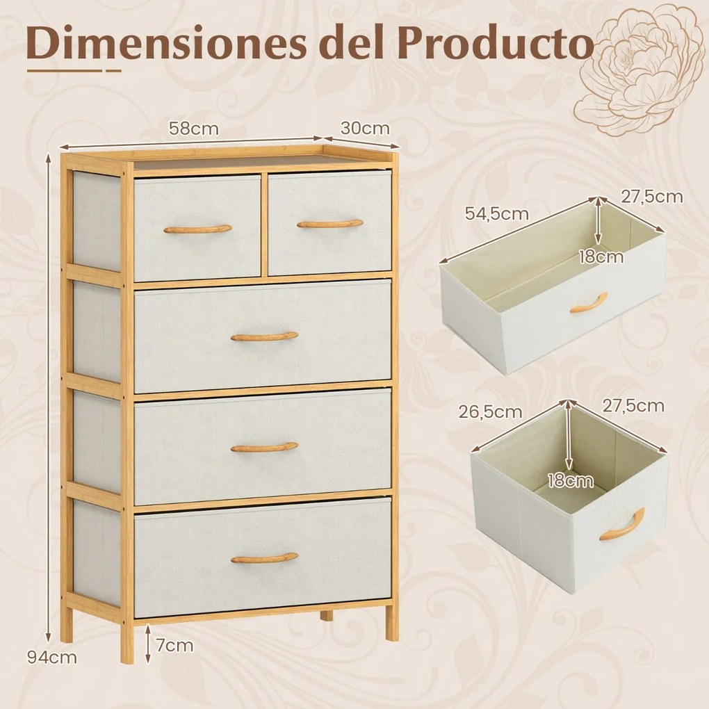 Comoda com 5 gavetas 58 x 30 x 94 cm para quarto em bambu com 5 gavetas dobráveis em tecido e prateleira superior natural