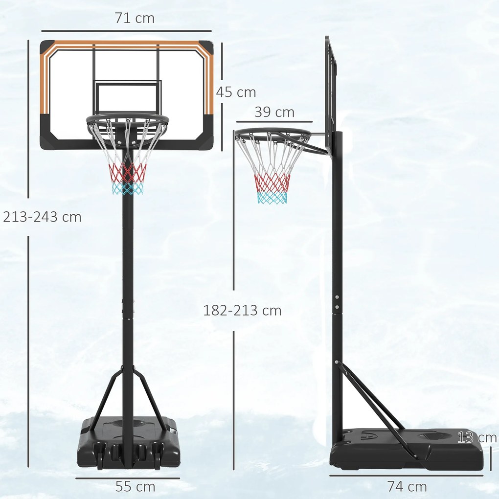 Cesto de Basquetebol de Exterior com Altura Ajustável 235-264 cm Suporte para Bola Rodas e Base Recarregável Preto