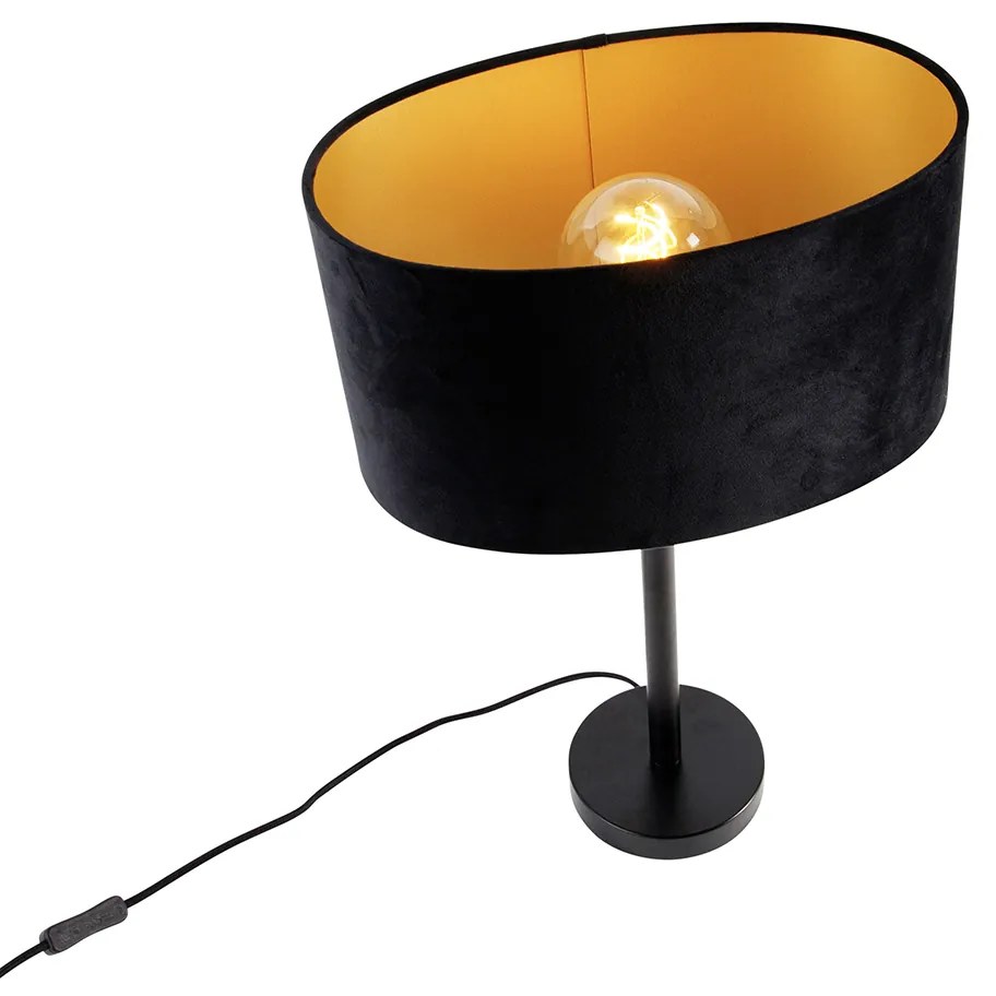 Candeeiro de Mesa Preto com Abajur de Veludo Oval Preto 35cm - Simplo Moderno,Clássico / Antigo