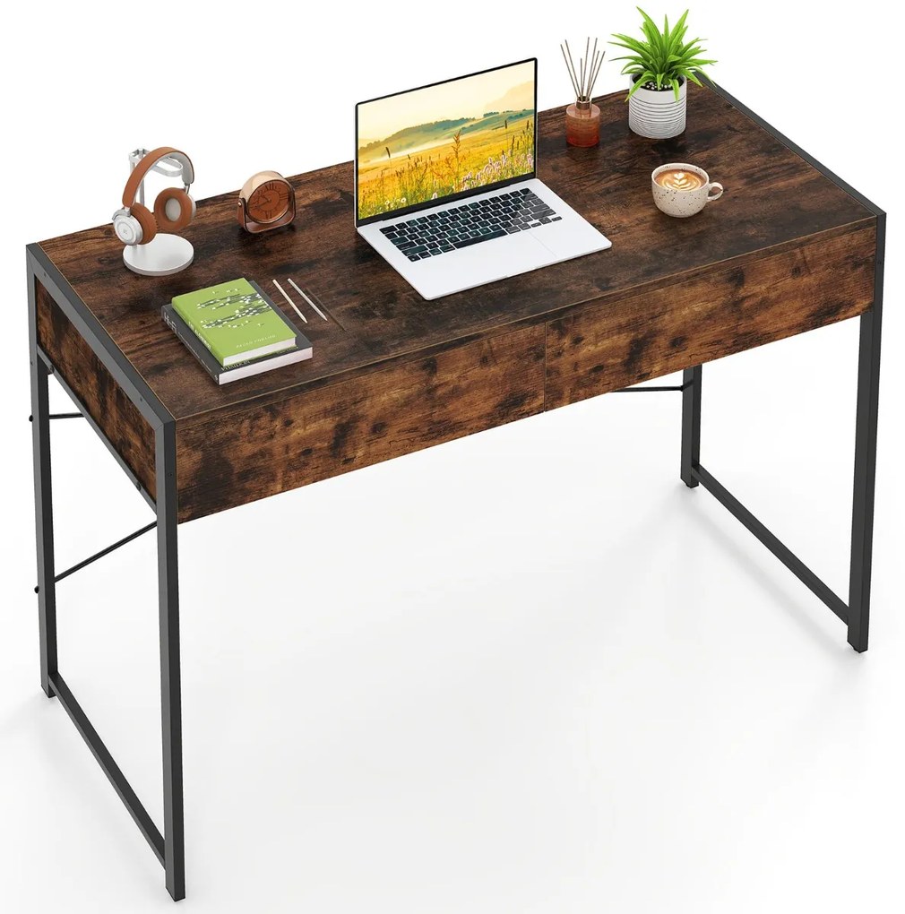 Secretária de escritório 111 x 48 x 76 cm com 2 gavetas, travessas reforçadas e suportes em X castanha