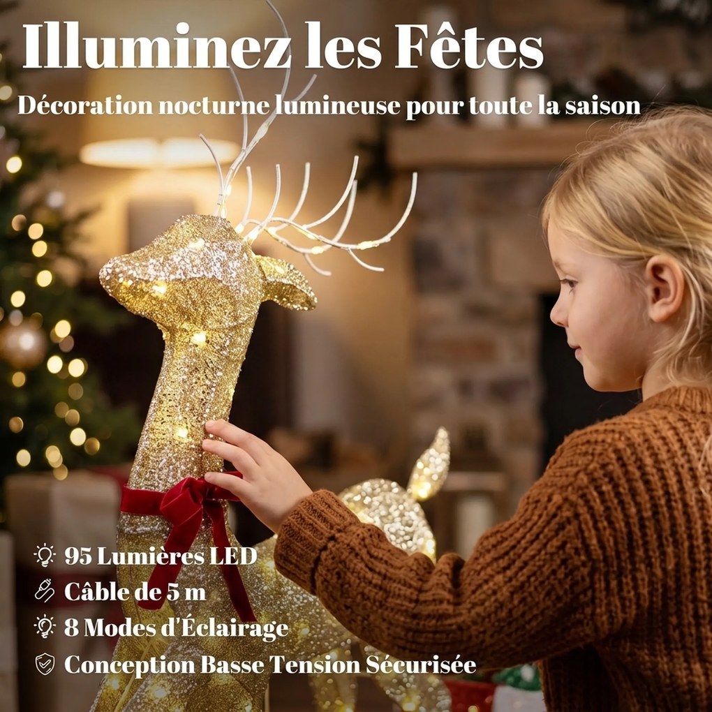 Conjunto de Veado e Trenó Luminosos, 80 x 23 x 125 cm, 95 LED de Luz Branca Quente, Dourado