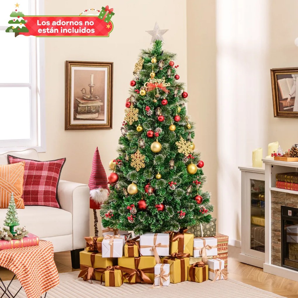 Árvore de Natal artificial de 180 cm com 8 modos de iluminação 64 luzes LED quentes Agulhas de pinheiro de fibra ótica Pinhas Cones de pinheiro Bagas