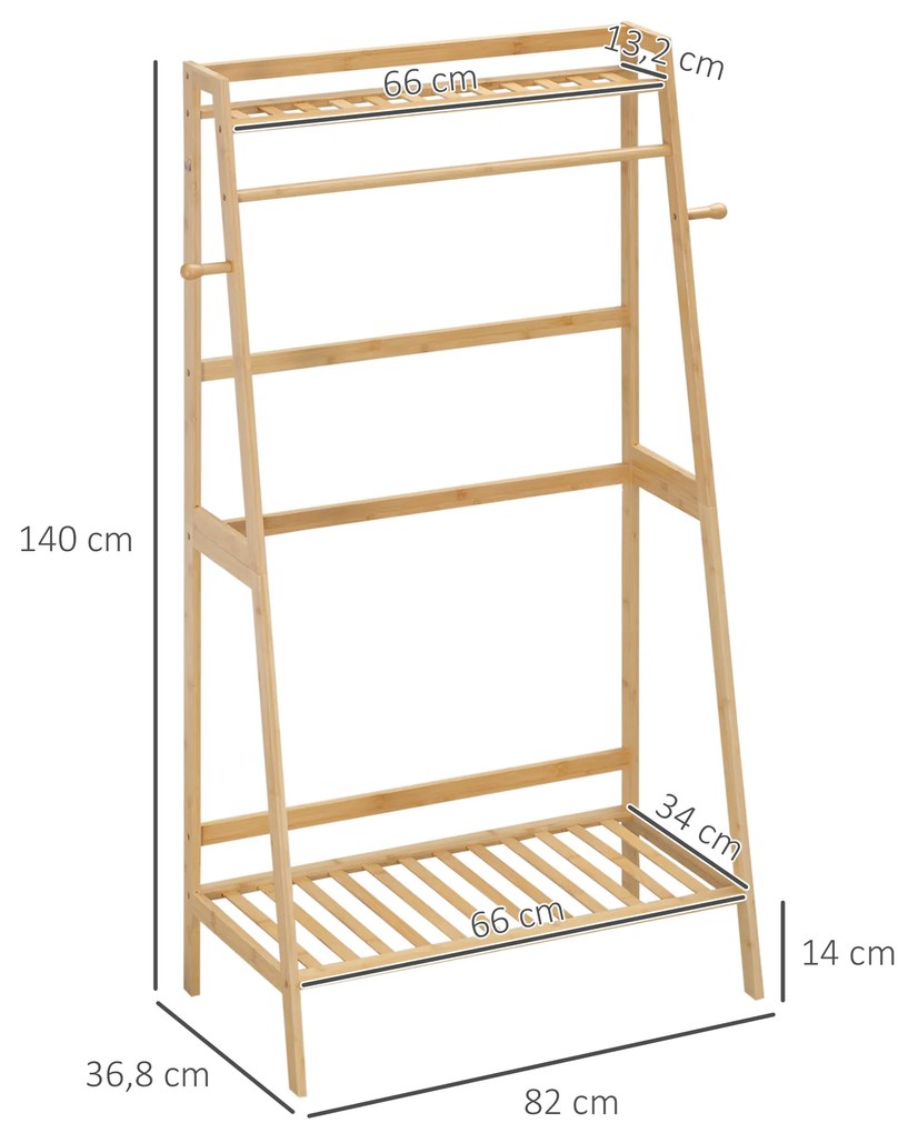 Suporte para Cabides de Bambu com 2 Prateleiras Abertas Barra e Ganchos Laterais para Roupa Bolsas 82x36,8x140cm Madeira