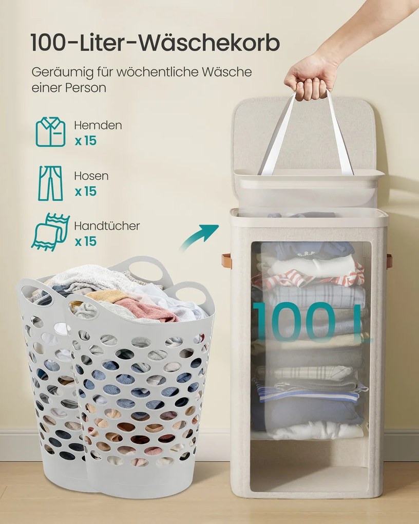 Cesto de roupa suja 42 x 32 x 75 cm prático com compartimentos e tampa bege cappuccino