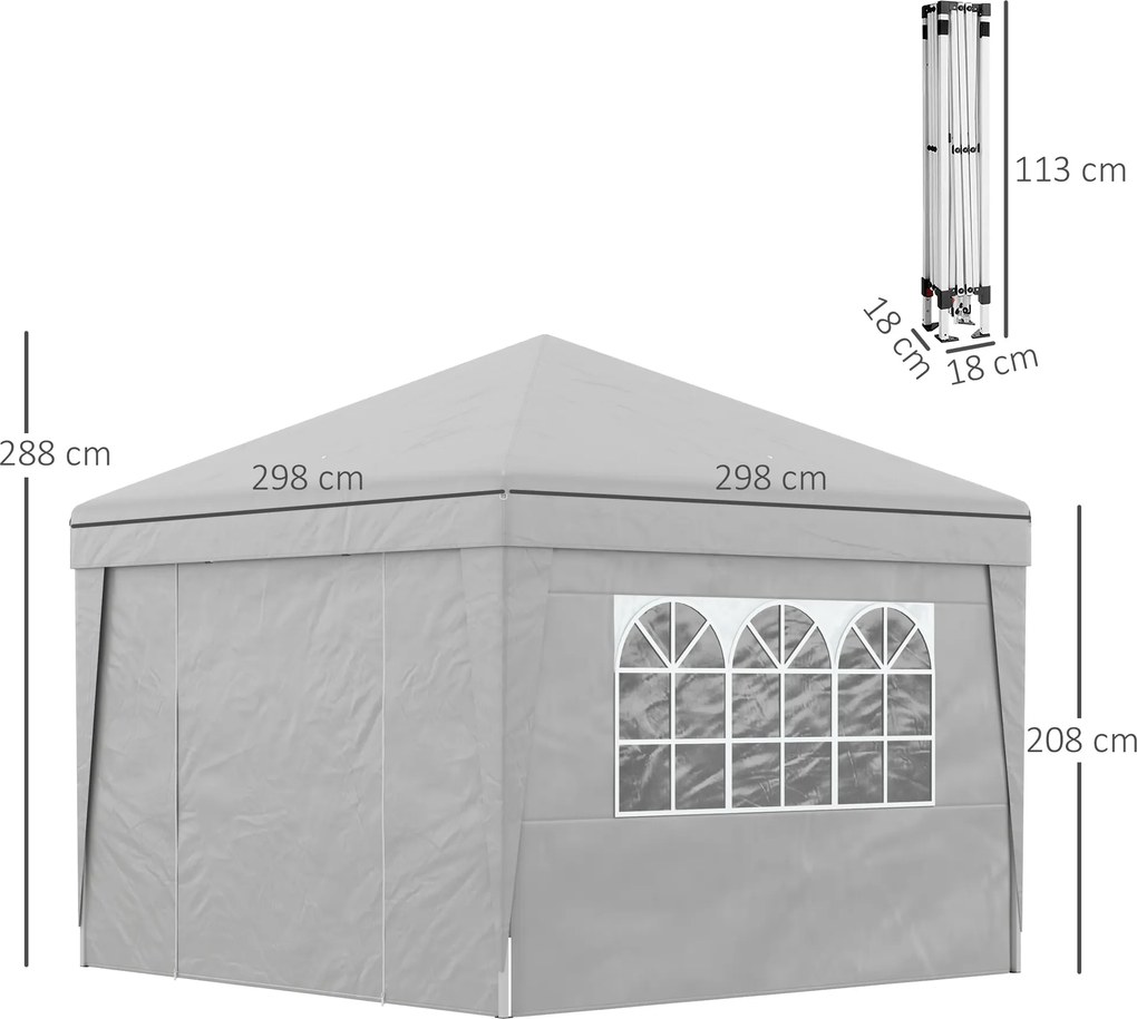 Tenda de jardim dobrável 3 x 3 x 2,75 m com proteção UV 30+ com janelas + paredes laterais + saco de transporte cinzento