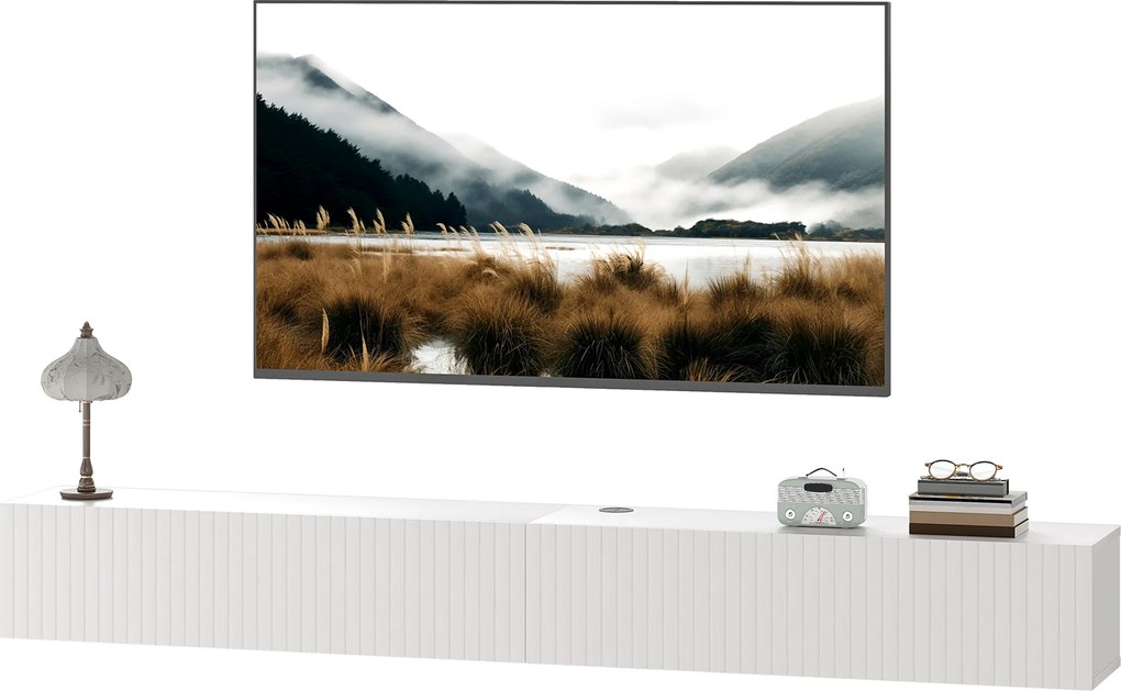 Móvel de TV suspenso 180 x 25 x 22 cm, móvel para televisor de 72 polegadas, 2 portas rebatíveis, branco