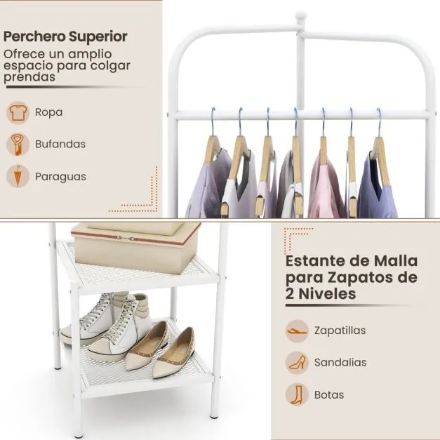 Guarda Roupa de canto 2 em 1 para roupa com gancho superior e 2 prateleiras Economia de espaço 42,5 x 42,5 x 193,5 cm Branco