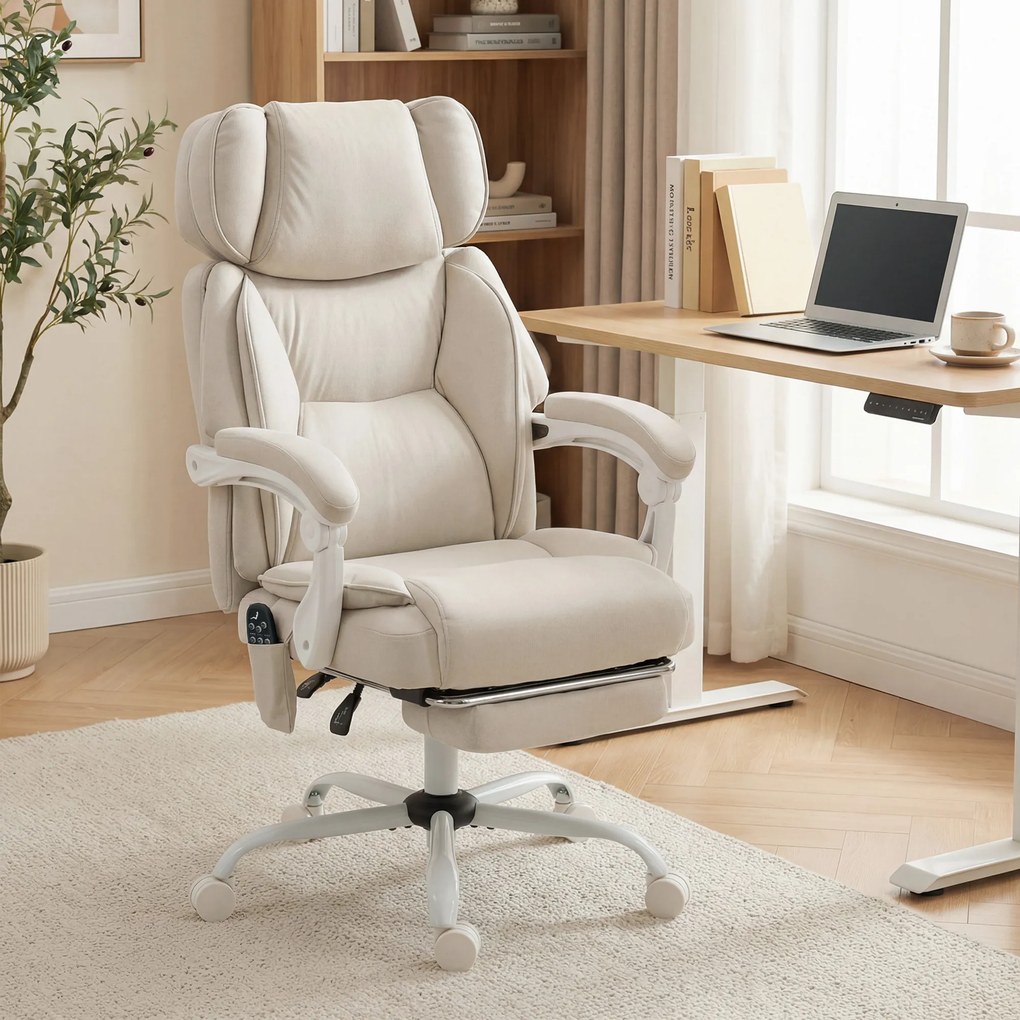 Cadeira de alto encosto com massagem vibratória e aquecimento, ergonómica, reclinável, com apoio para os pés, creme branco