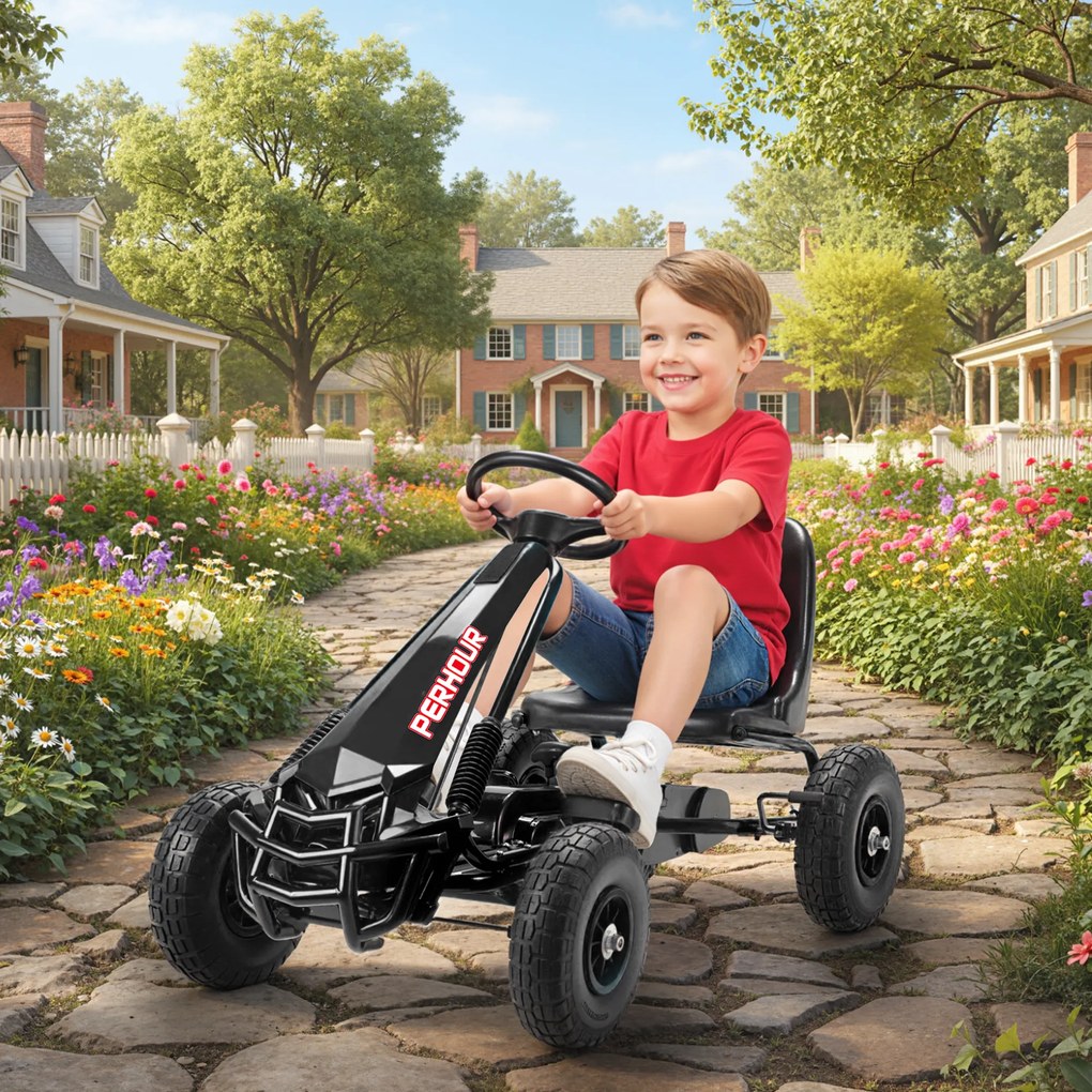 Kart a pedais para crianças com assento ajustável, pneus de EVA, embraiagem manual e travão, 110 x 61 x 62 cm, preto