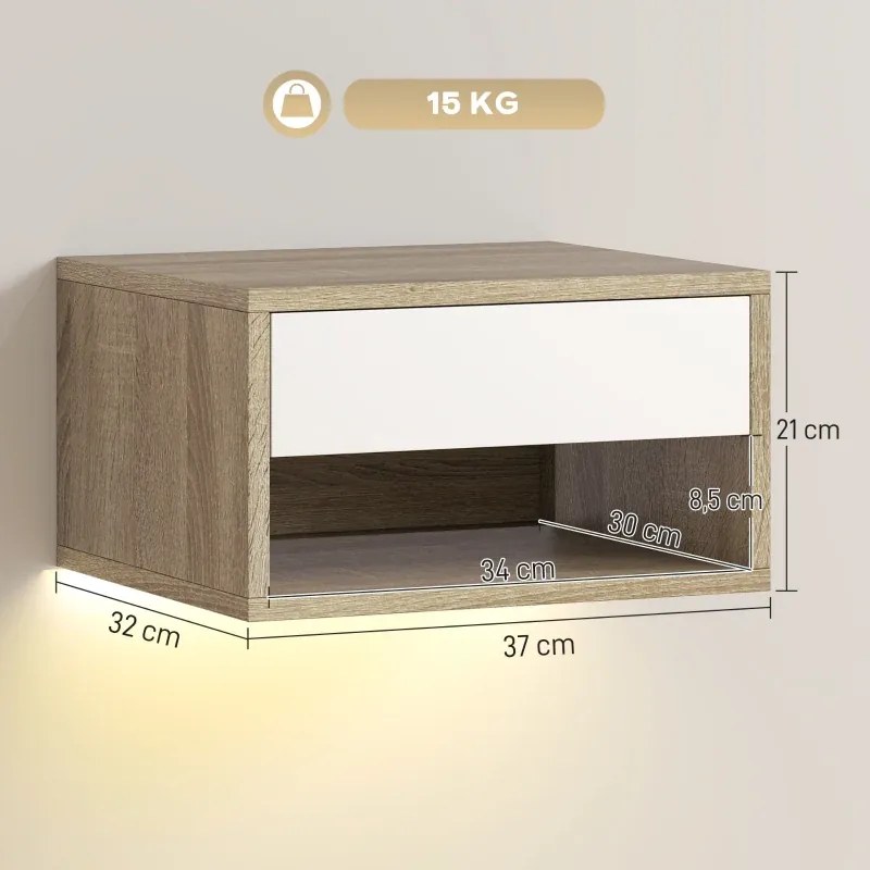 Conjunto de 2 Mesas de Cabeceira Flutuantes com Luzes LED RGB Controlo por APP e Prateleira Aberta 37x32x21 cm Madeira e Branco