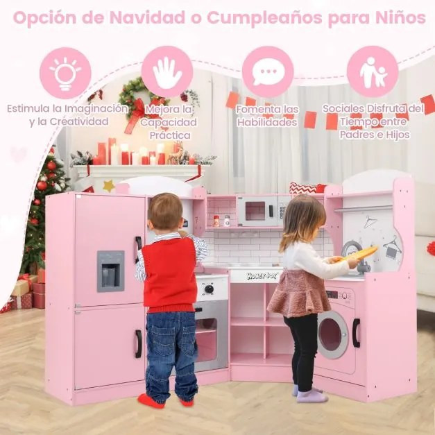 Cozinha para brincar a partir dos 3 anos com som, luzes, exaustor, frigorífico, micro-ondas, forno, lava-louça, máquina de lavar roupa e acessórios ro
