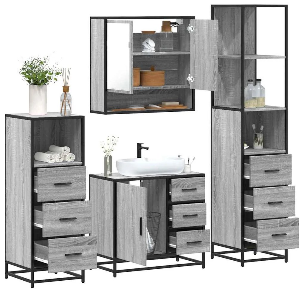 4 pcs Conjunto móveis casa de banho madeira proc. cinza sonoma