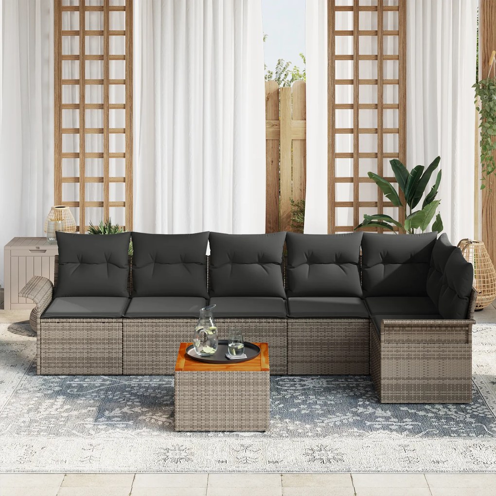 Conjunto de Sofá de Jardim vidaXL com 7 Peças e Almofadas Cinza Rattan