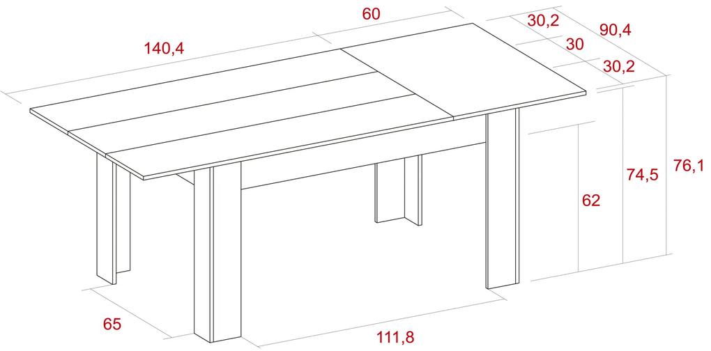 Mesa de jantar 140cm Extensível 200cm, Branco mate, Dimensões: 140,4/200,4x90.4x76,1cm