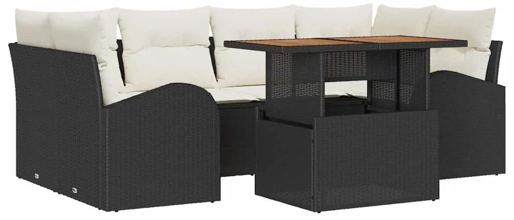 Conjunto de Jantar de Jardim de 7 Peças com Almofadas Pretas em Rattan