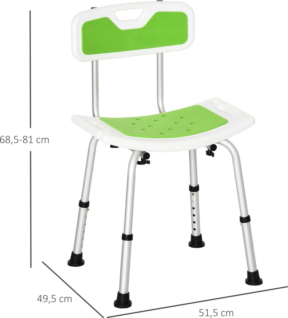 Banco de duche para idosos e pessoas com deficiência, com altura ajustável, pés antiderrapantes e suporte para o chuveiro verde, branco