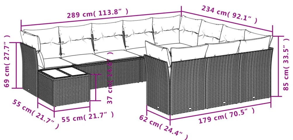 11 pcs conjunto sofás de jardim c/ almofadões vime PE cinzento