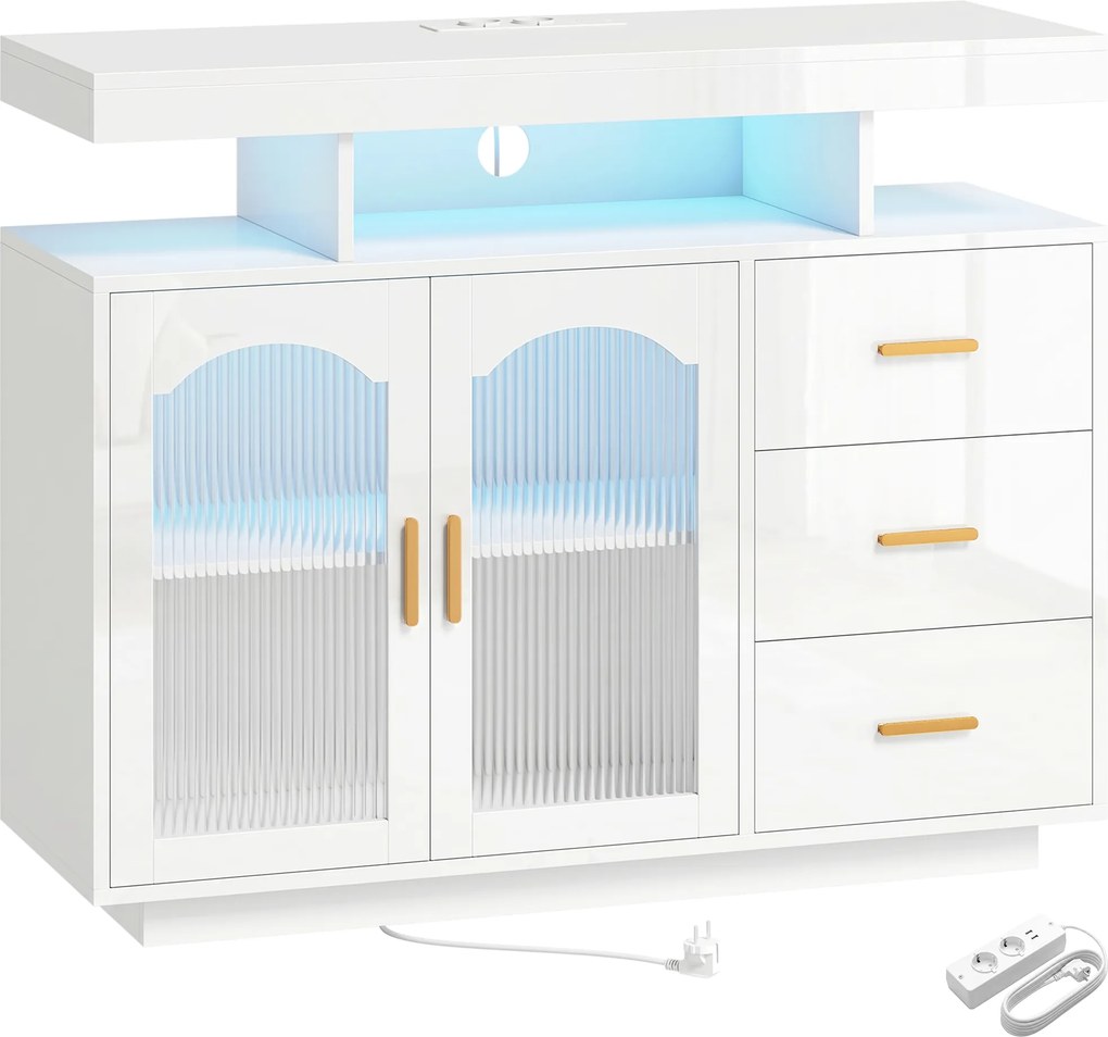 HOMCOM Aparador com LED RGB de 7 Cores, Tomadas, Portas USB, 3 Gavetas, Prateleiras Abertas, 2 Portas, Branco Brilhante, 100x35x80 cm | Aosom Portugal