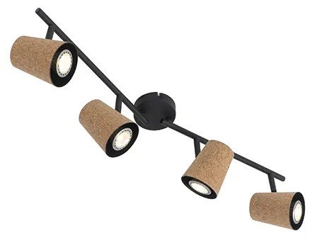 Candeeiro de teto com focos ajustáveis preto com abajur em cortiça 4 luzes - Corky Rústico