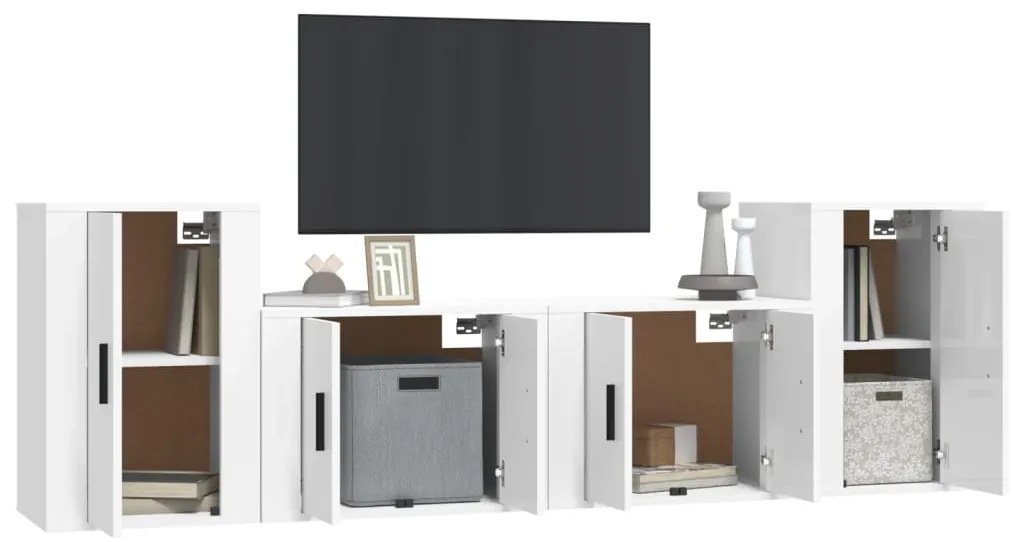 4 pcs conjunto móveis de TV madeira processada branco brilhante
