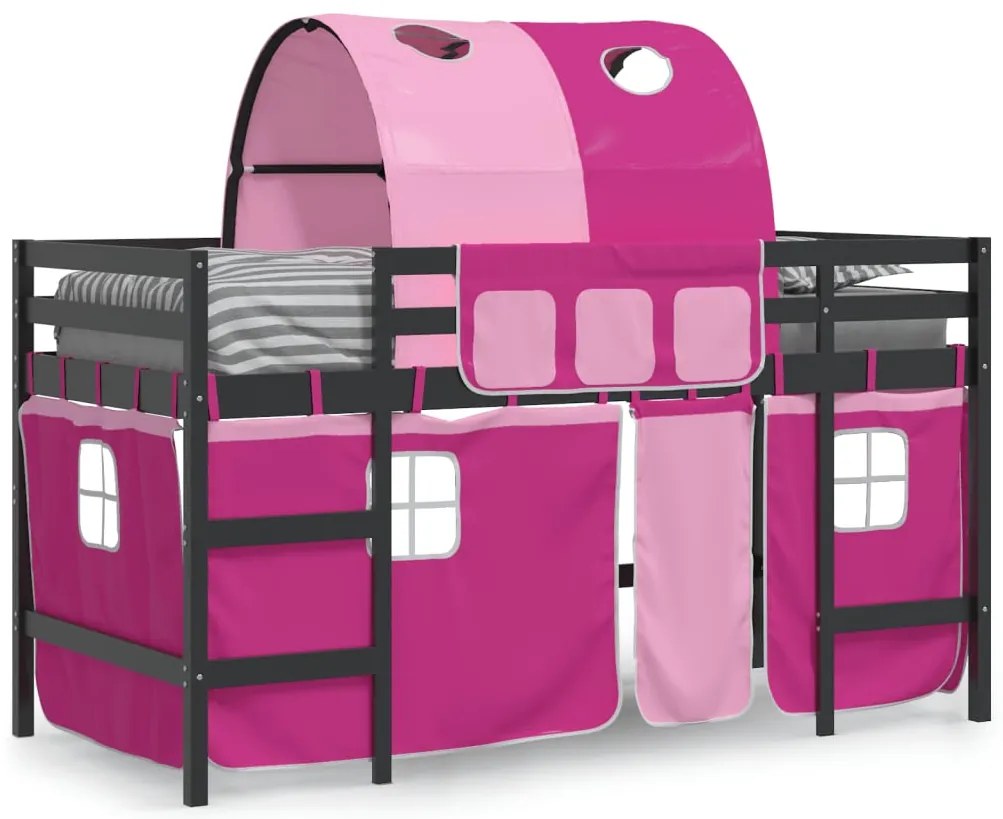 Cama alta p/ criança c/ túnel 90x200 cm pinho maciço rosa