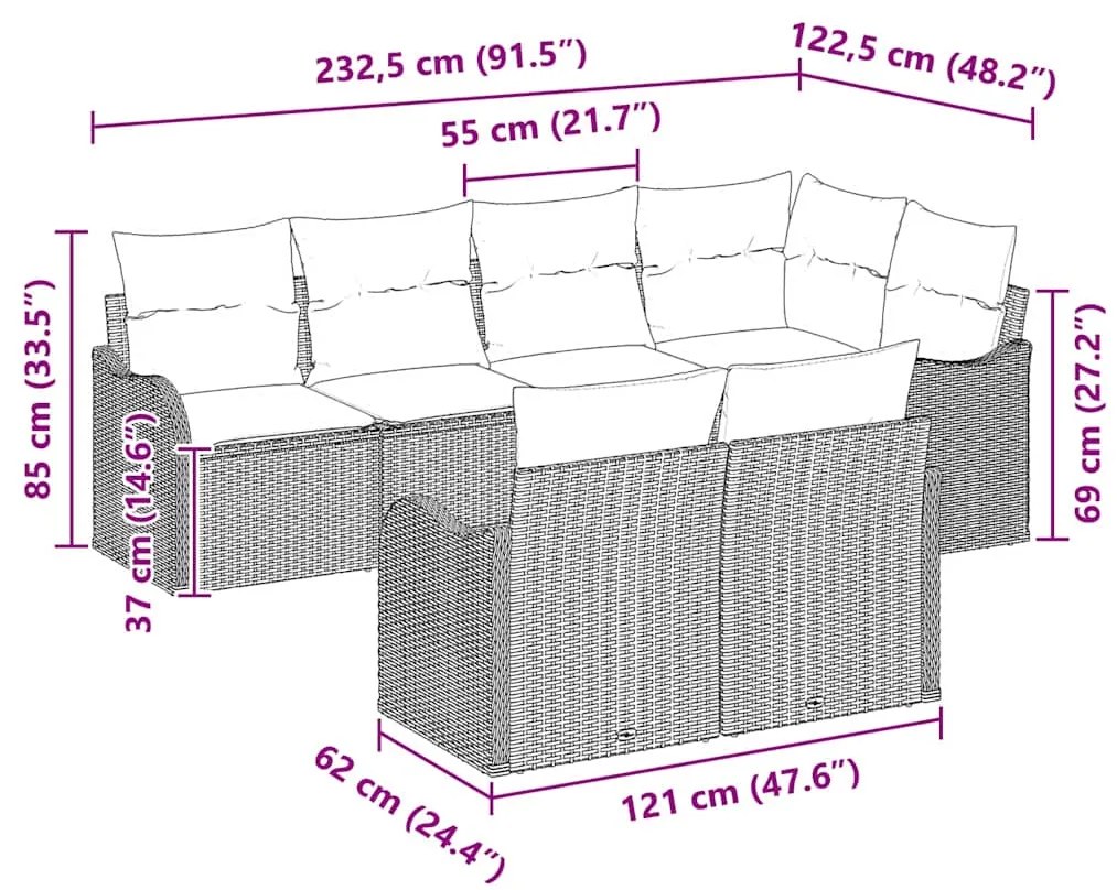 Conjunto de Sofá de Jardim com 7 Peças e Almofadas em Rattan Poliéster