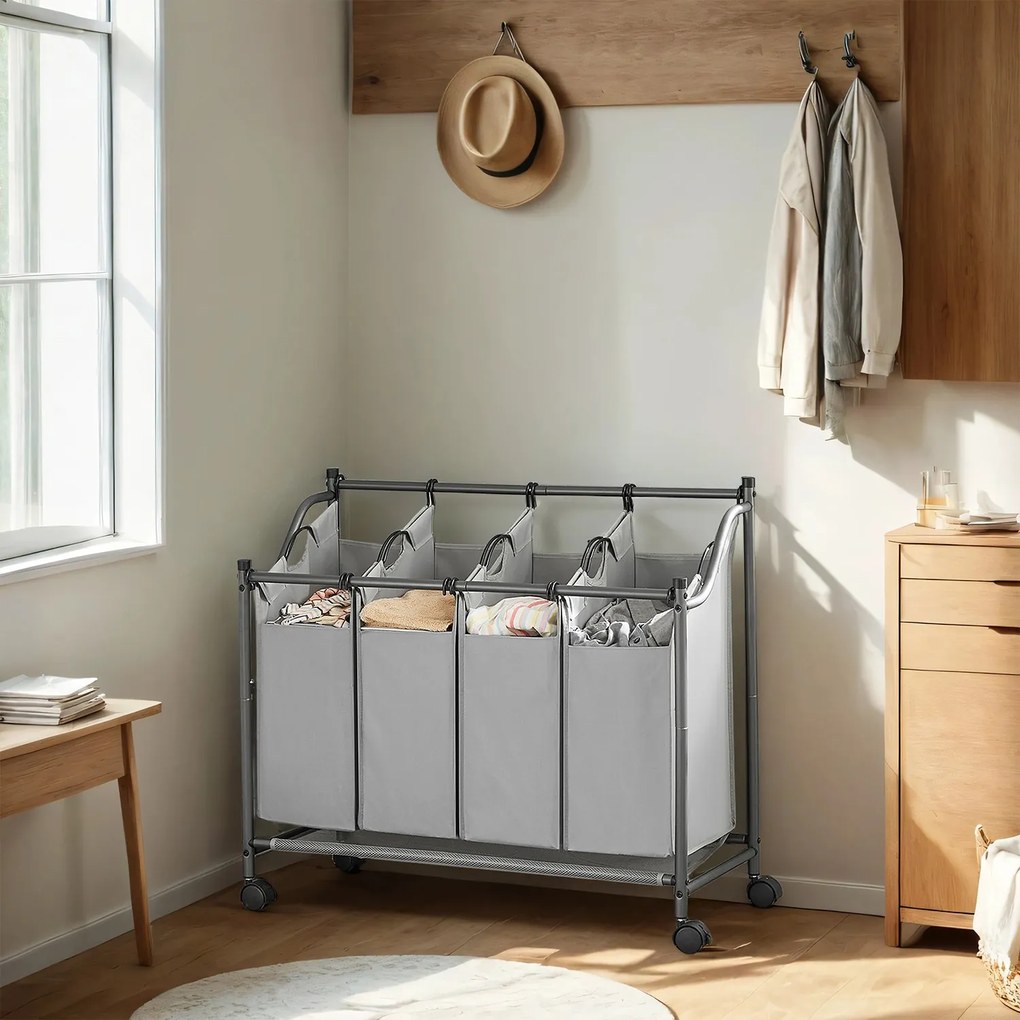 Cesto para roupa suja com rodas, 4 x 35 L, com 4 sacos removíveis 87,5 x 38,5 x 67/81 cm Cinzento