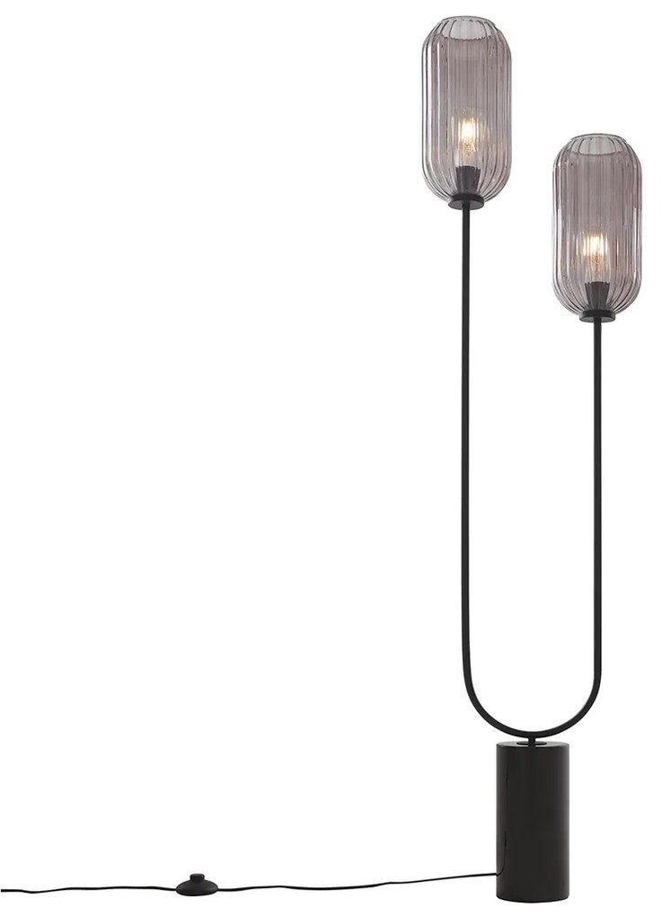 Candeeiro de pé Art Deco preto com vidro fumê 2-luzes - Rid Art Deco
