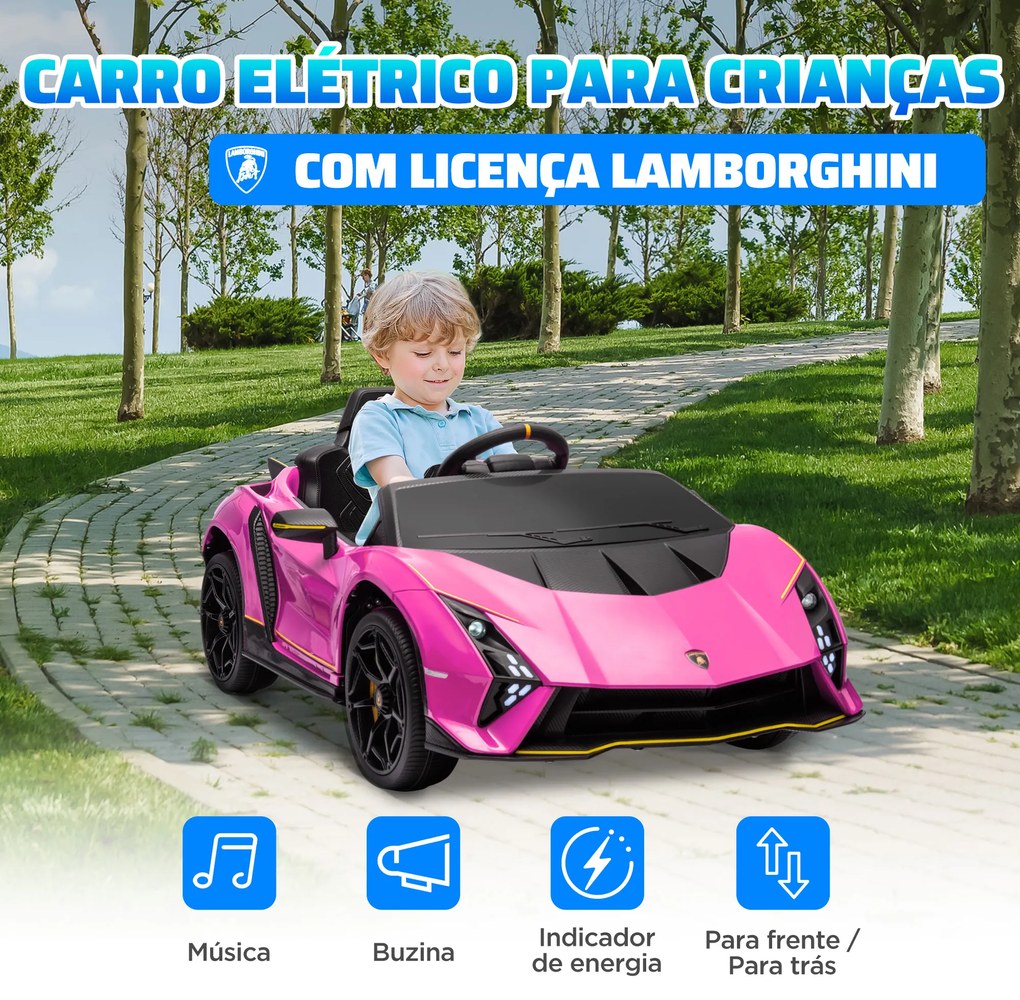 Carro Elétrico para Crianças Lamborghini 12V Controlo Remoto Faróis Buzina Arranque Lento e Música MP3 114,5x64x45,5 cm Rosa