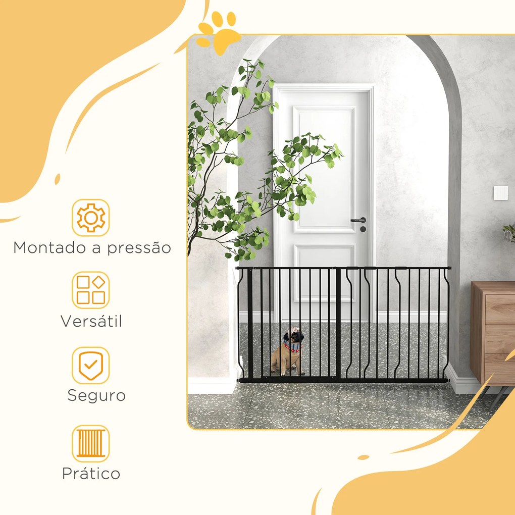 Barreira de Segurança para Cães com 3 Extensões Montagem a Pressão Duplo Bloqueio 75-145x76 cm Preto