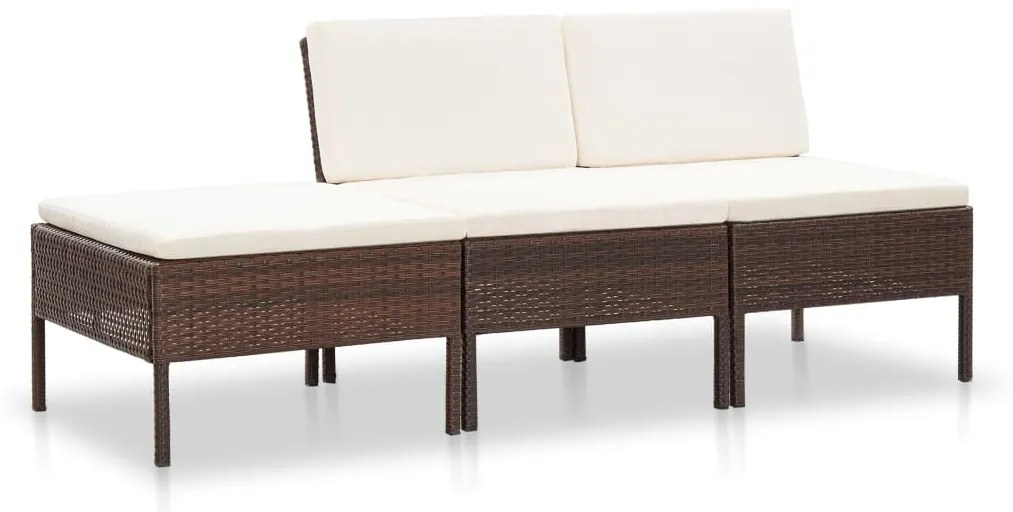 3 pcs conjunto lounge jardim c/ almofadões vime PE castanho