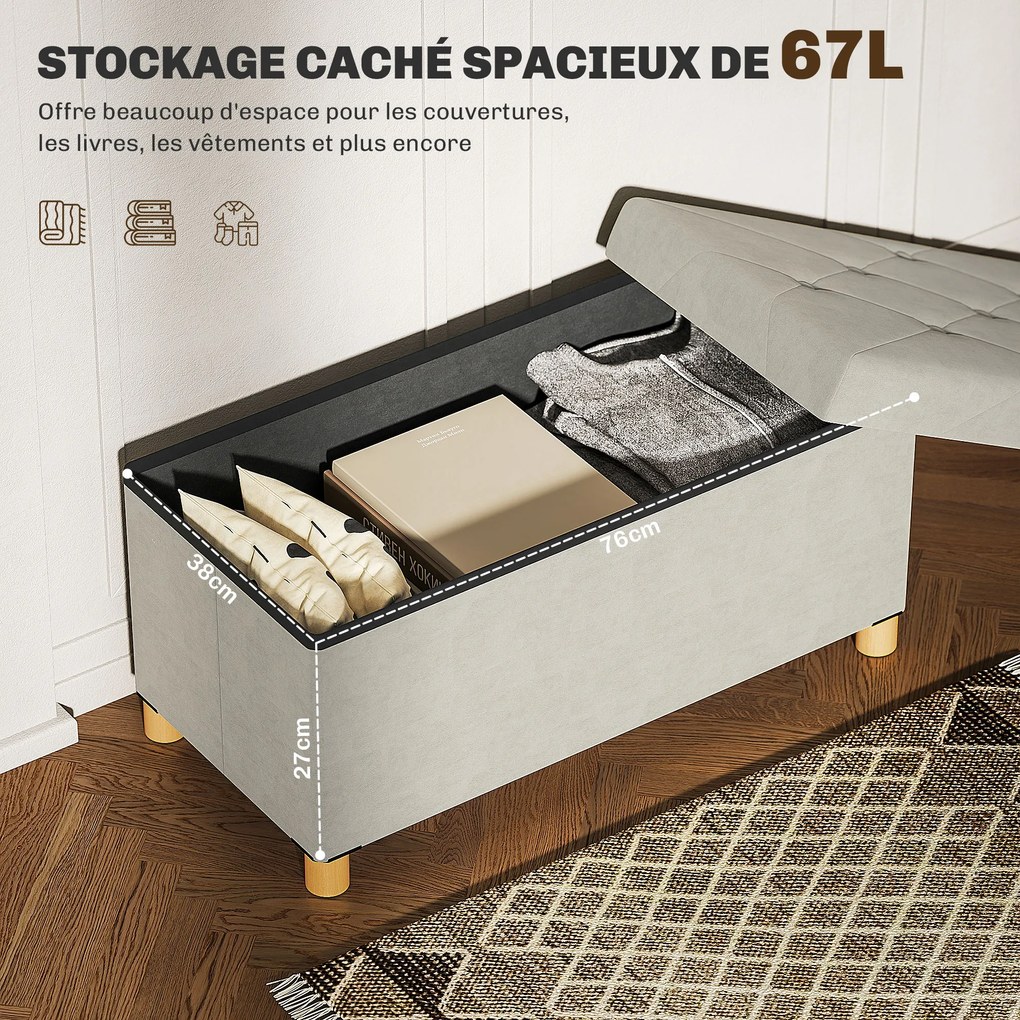Banco de arrumação dobrável para colocar ao pé da cama, com 67 L de capacidade e 120 kg de carga máxima, com tampa, 76 L x 38 L x 38 A cm, cor creme
