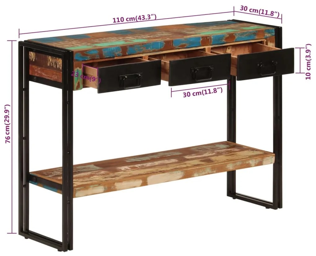 Mesa consola 110x30x76 cm madeira recuperada maciça