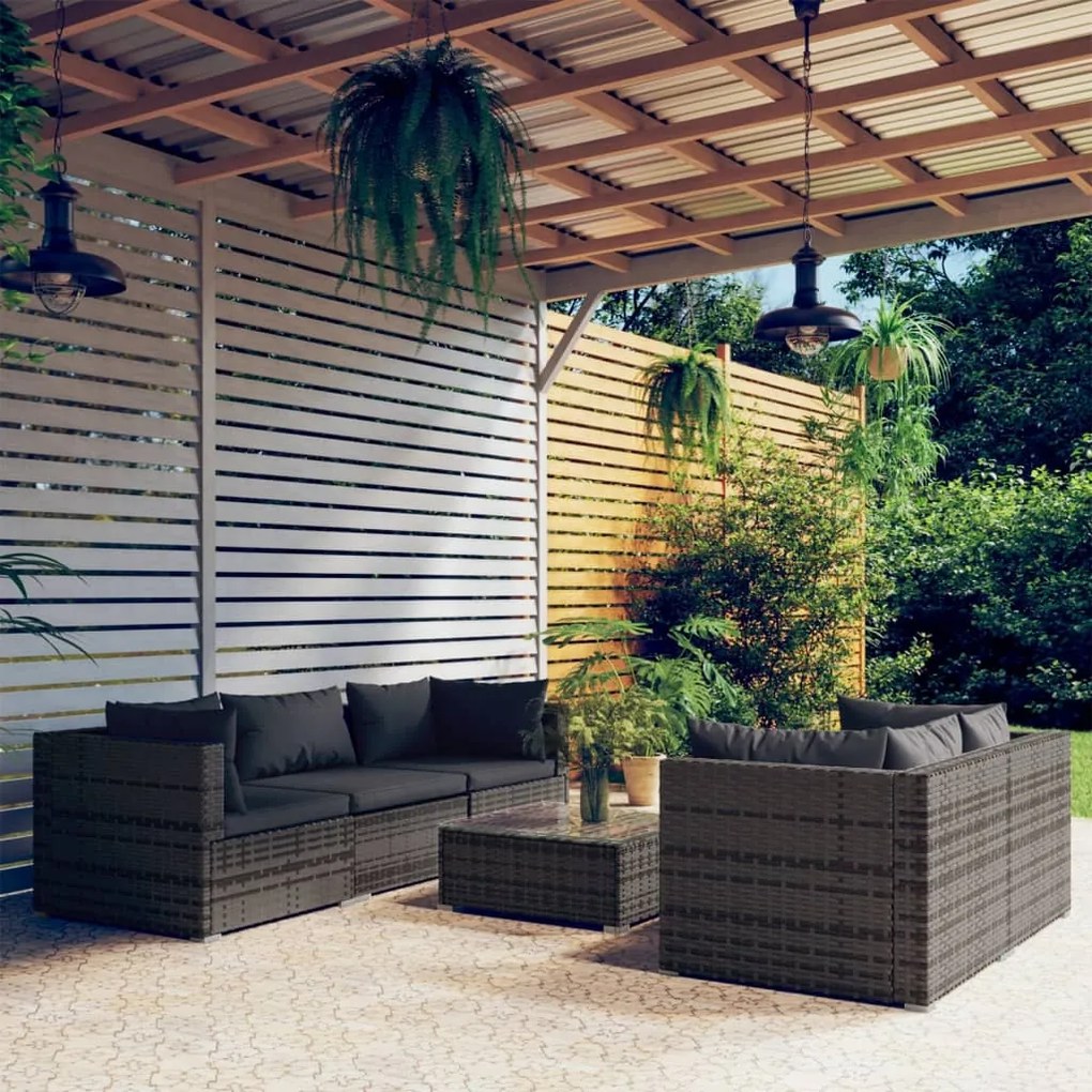 vidaXL 6 pcs conjunto lounge de jardim c/ almofadões vime PE cinzento