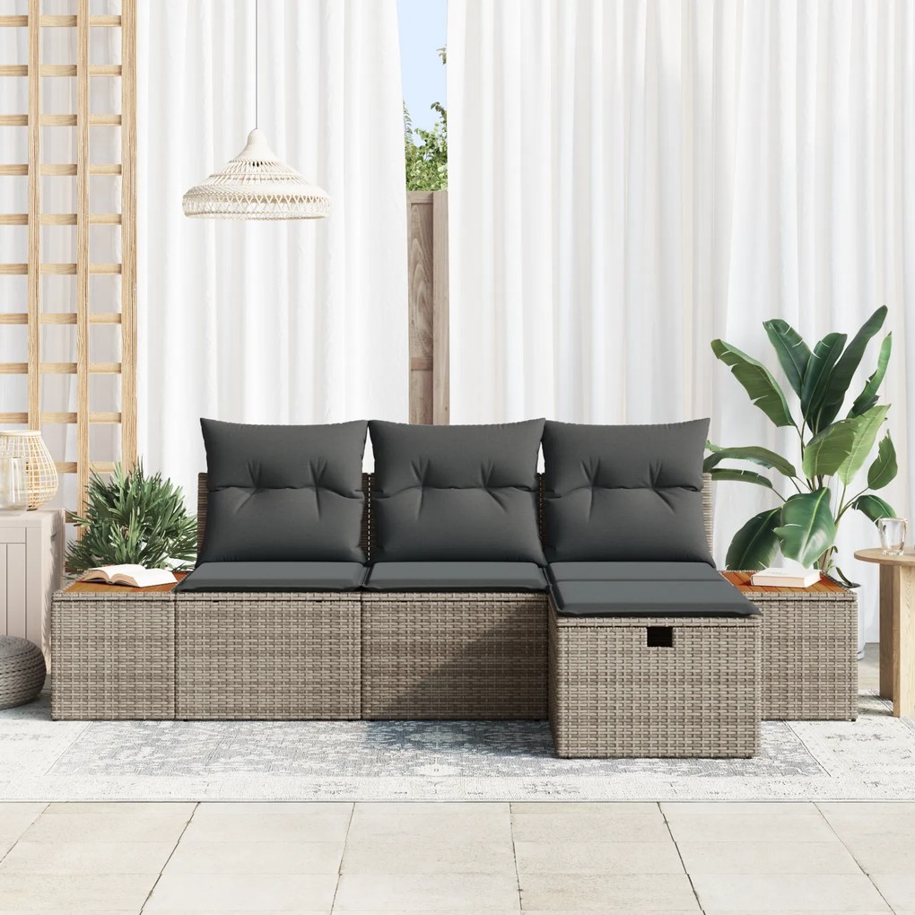 Conjunto de Sofá de Jardim 4 Peças com Almofadas Cinza em Poliéster