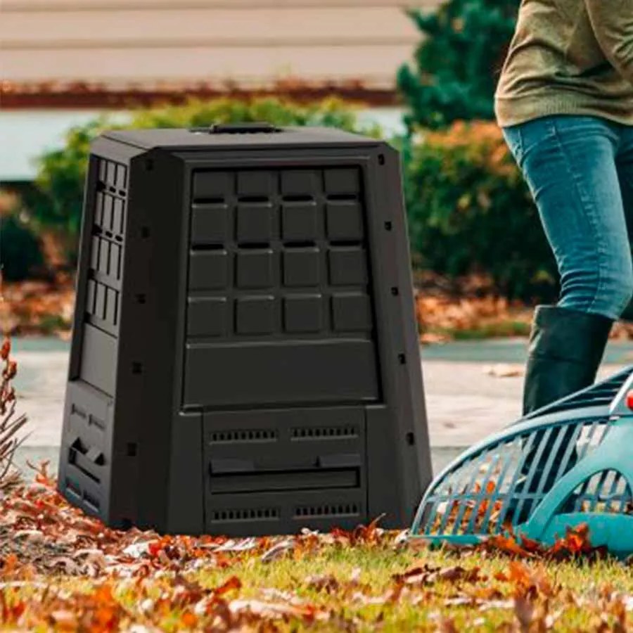 Recipente compostagem de jardim 380 L PP com tampa e ranhuras de ar ajustáveis 78 x 64 x 80 cm preto