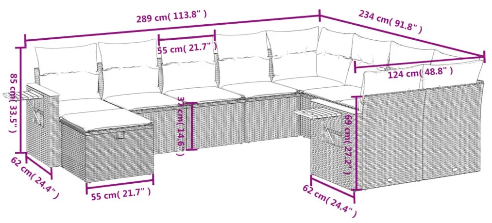 10 pcs conjunto sofás p/ jardim c/ almofadões vime PE cinzento