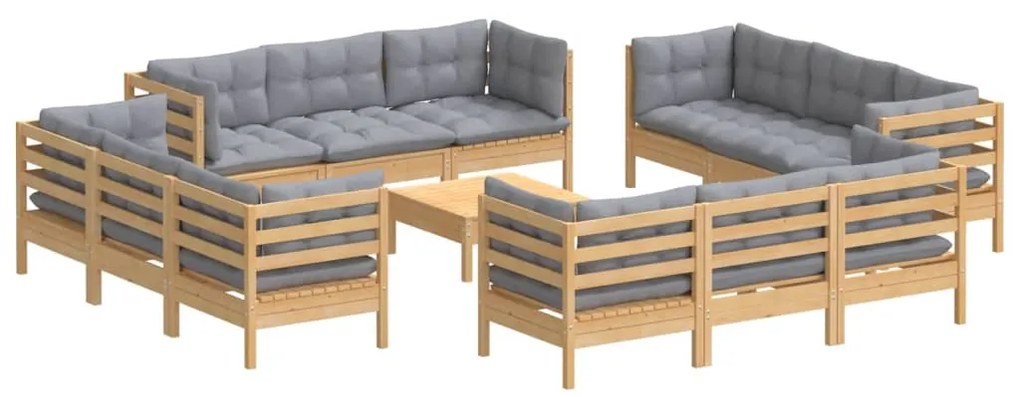 13 pcs conjunto lounge de jardim c/ almofadões cinzentos pinho