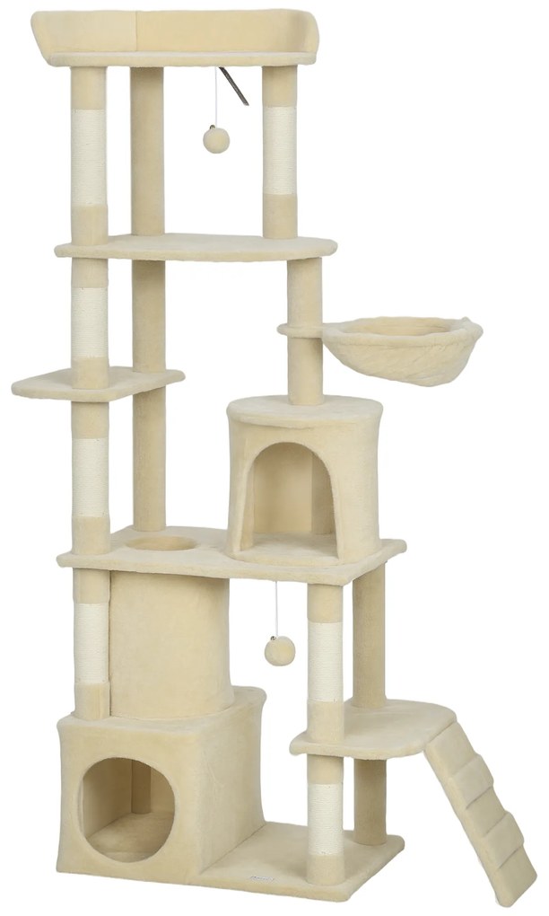 PawHut Arranhador para Gatos Grande com 7 Postes 1 Túnel 3 Plataformas 2 Cavernas 1 Rede 1 Poleiro 1 Rampa Pompons 60x40x170 cm Bege | Aosom Portugal