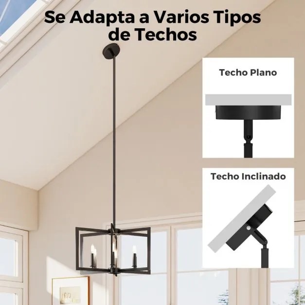 Candeeiro Teto rústico de 6 luzes com design geométrico, altura ajustável e metal industrial para sala de jantar e ilha de cozinha, preto