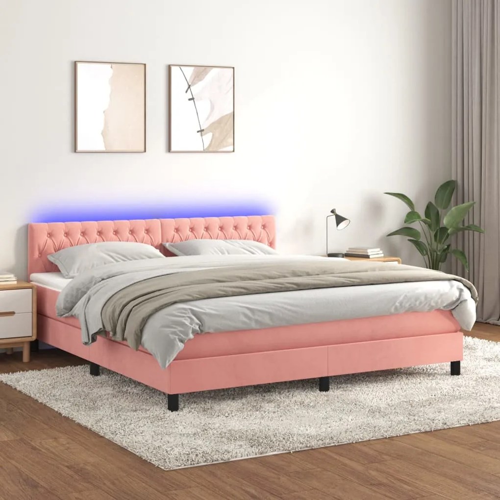 Cama box spring c/ colchão/LED 180x200 cm veludo rosa