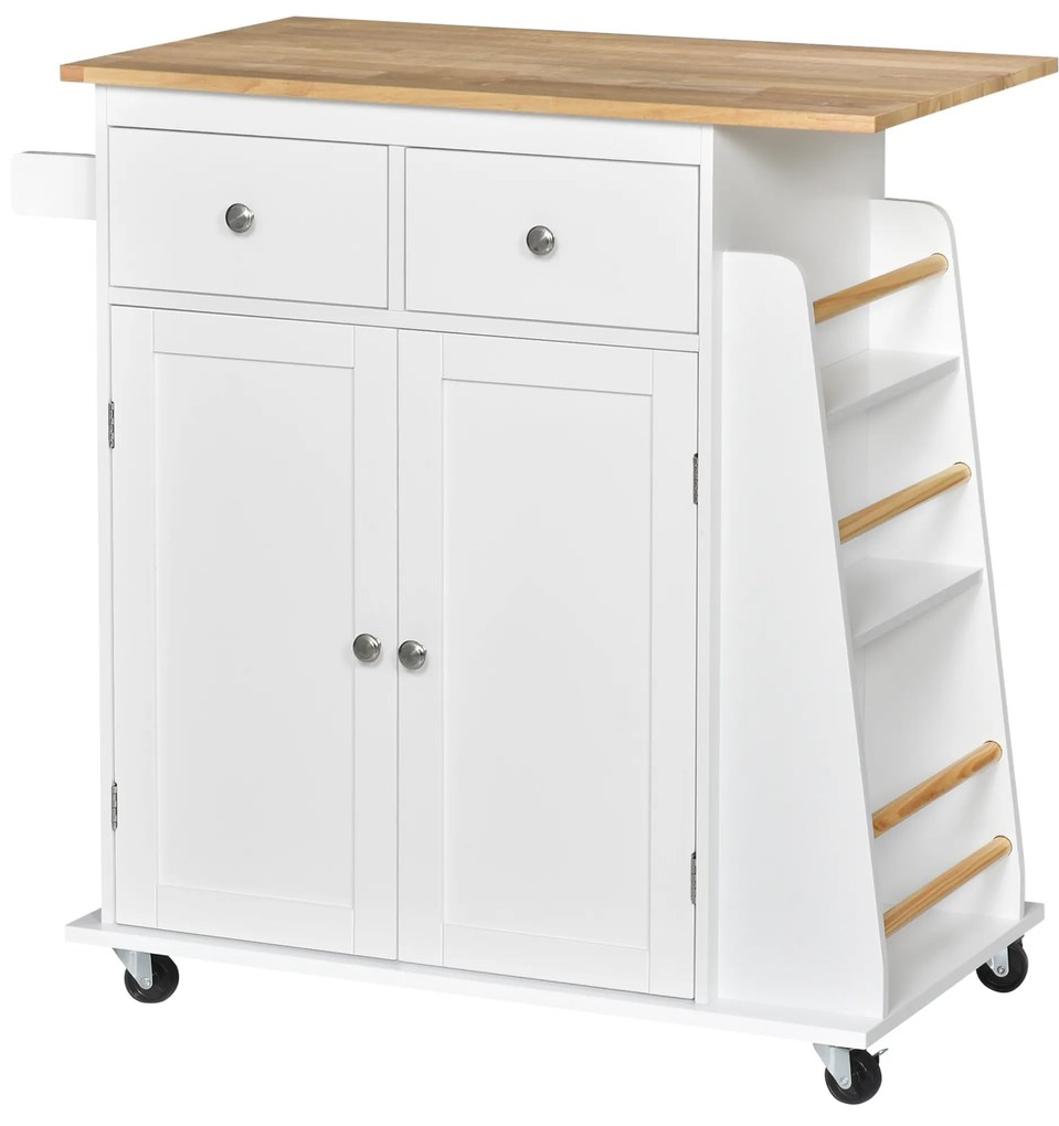 HOMCOM Carrinho de Cozinha 89x45x89,5cm Auxiliar com Rodas Carrinho para Cozinha com 2 Gavetas Armário de Armazenamento Branco | Aosom Portugal
