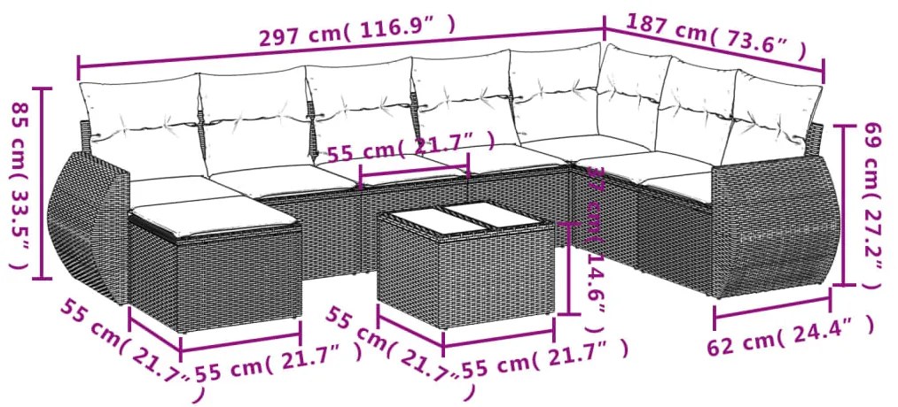 9 pcs conjunto sofás p/ jardim c/ almofadões vime PE castanho