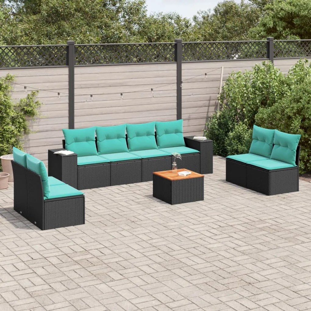 vidaXL 9 pcs conjunto de sofás p/ jardim c/ almofadões vime PE preto