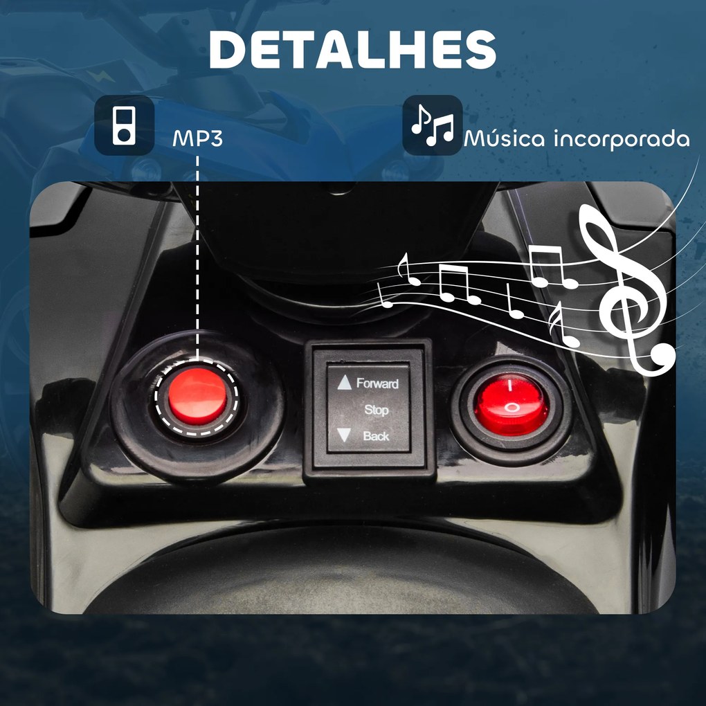 Moto 4 Elétrico para Crianças 6 V para Crianças com Velocidade até 3 km/h Faróis e Música 70x42x45 cm Azul